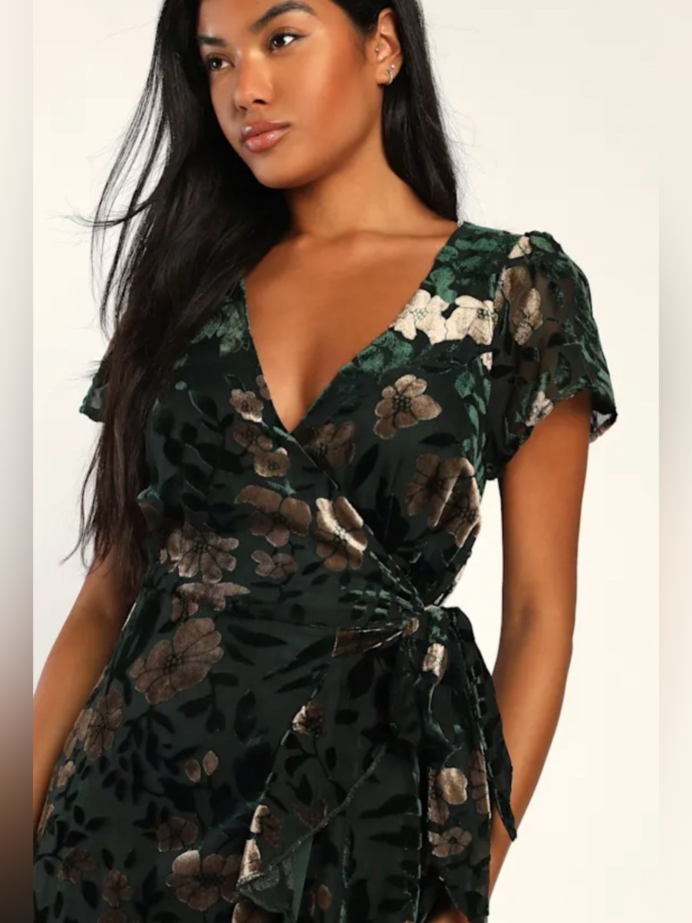 Lulus NWT Women’s Emerald Green Floral Velvet Burnout Wrap Midi Size XS or M - Picture 8 of 13